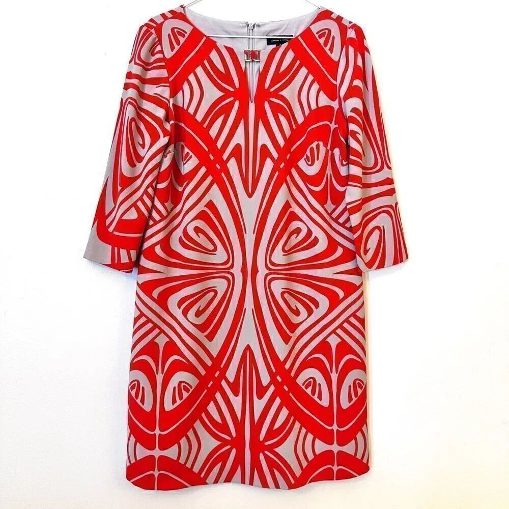 Tahari Women's Geometric Print 3/4 Wide Sleeves Orange White Shift Dress Size 6